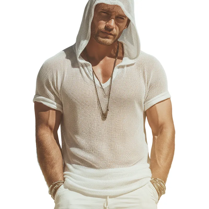 Men's Urban Mesh V-Neck Hooded Short-Sleeve T-Shirt MTZ1358B5U sold by Manly
