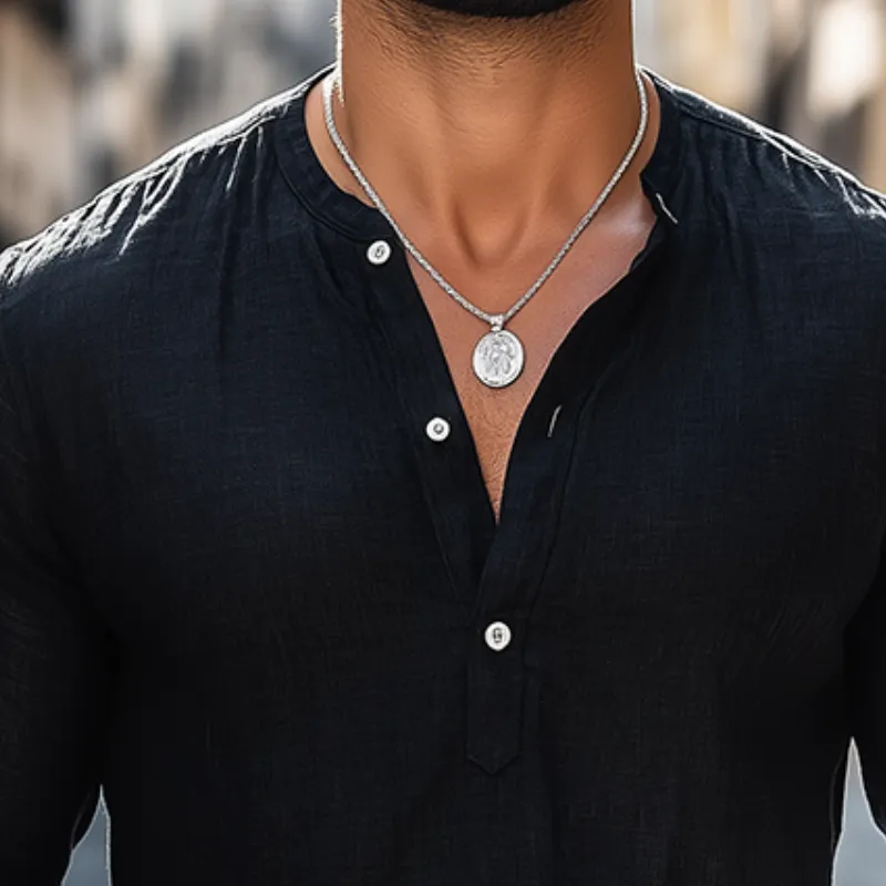 Men's Retro Casual Solid Color Cotton Linen Henley Collar Long Sleeve Shirt MTZ1118B8TO sold by Manly product image thumbnail 3