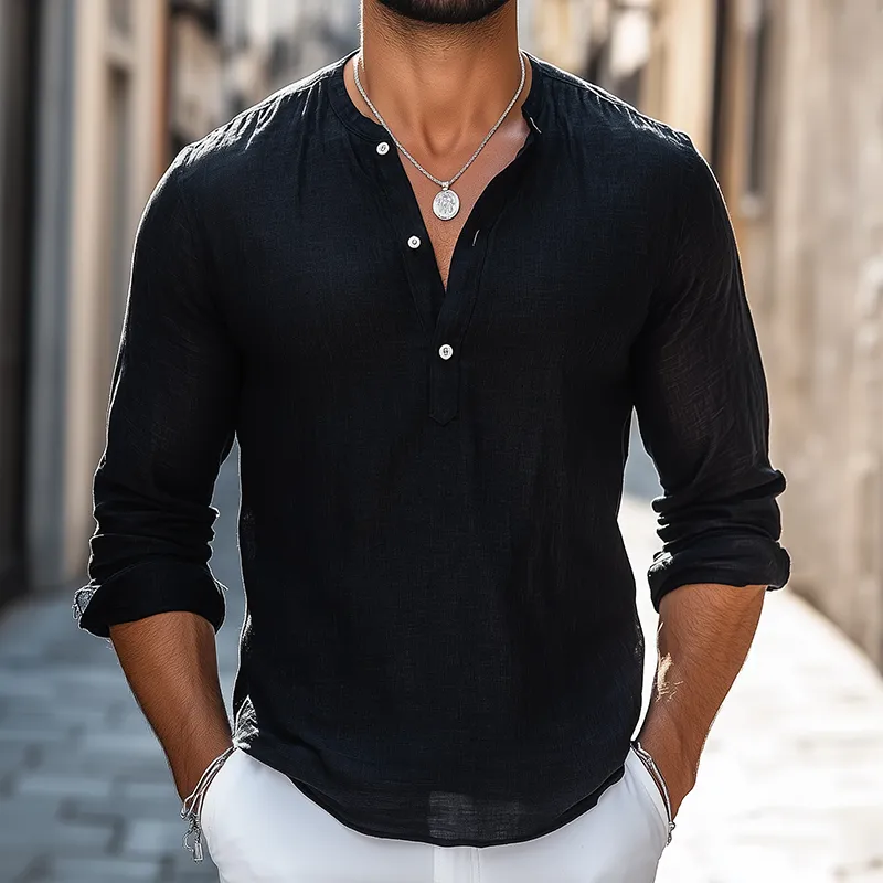 Men's Retro Casual Solid Color Cotton Linen Henley Collar Long Sleeve Shirt MTZ1118B8TO sold by Manly product image thumbnail 2