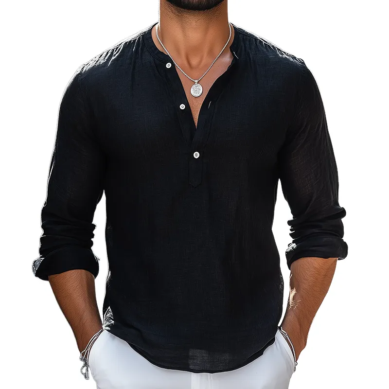 Men's Retro Casual Solid Color Cotton Linen Henley Collar Long Sleeve Shirt MTZ1118B8TO sold by Manly