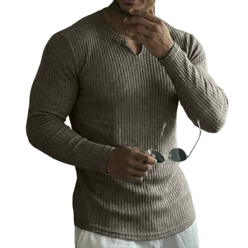 Men's Retro Casual Solid Color Ribbed V-Neck Long Sleeve T-Shirt MTZ1154B0TO made by Manly