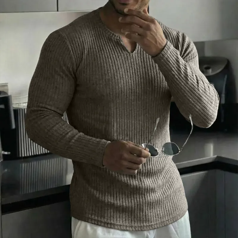 Men's Retro Casual Solid Color Ribbed V-Neck Long Sleeve T-Shirt MTZ1154B0TO sold by Manly product image thumbnail 2