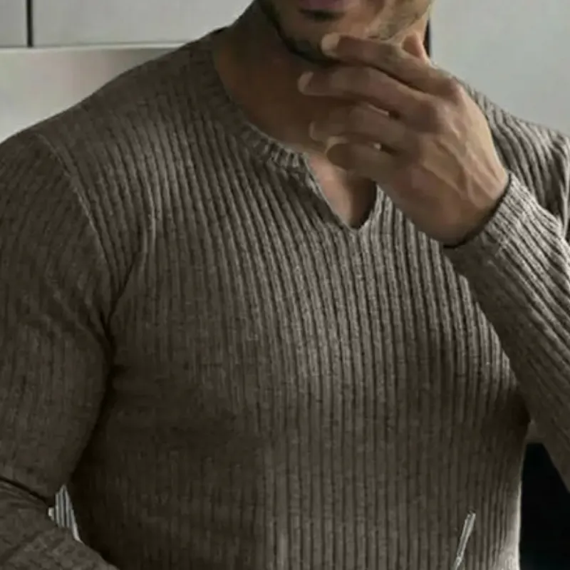 Men's Retro Casual Solid Color Ribbed V-Neck Long Sleeve T-Shirt MTZ1154B0TO sold by Manly product image thumbnail 3