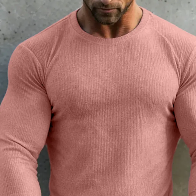 Men's Retro Casual Solid Color Ribbed Crew Neck Long Sleeve T-Shirt MTZ1191B9TO sold by Manly product image thumbnail 2