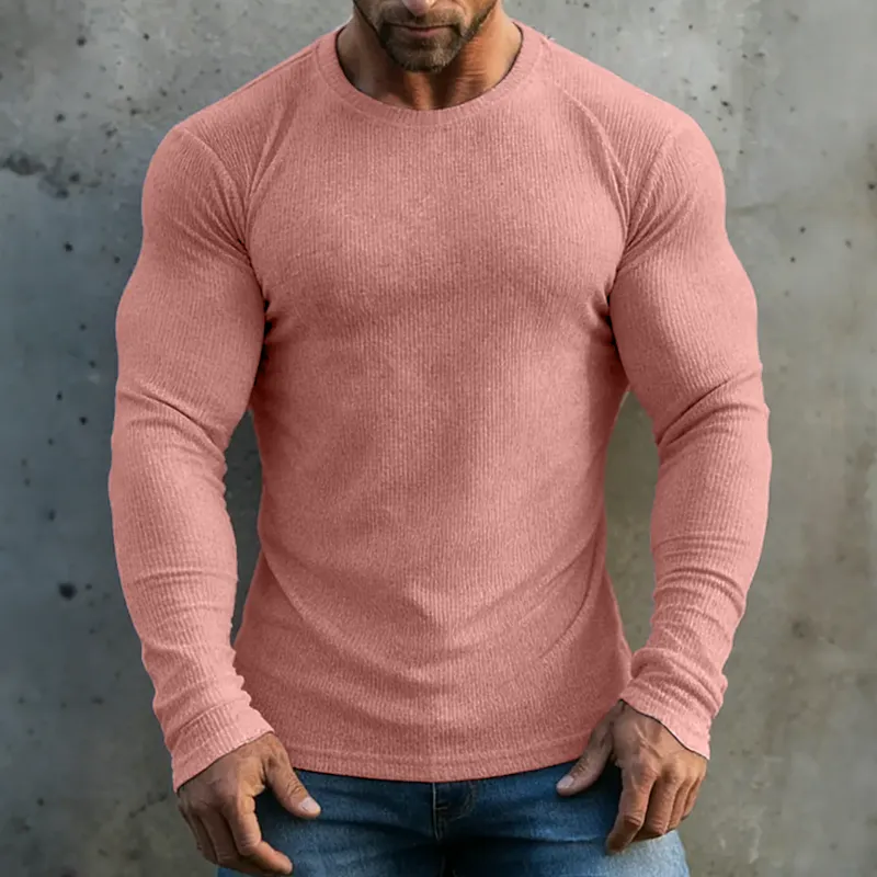 Men's Retro Casual Solid Color Ribbed Crew Neck Long Sleeve T-Shirt MTZ1191B9TO sold by Manly product image thumbnail 3