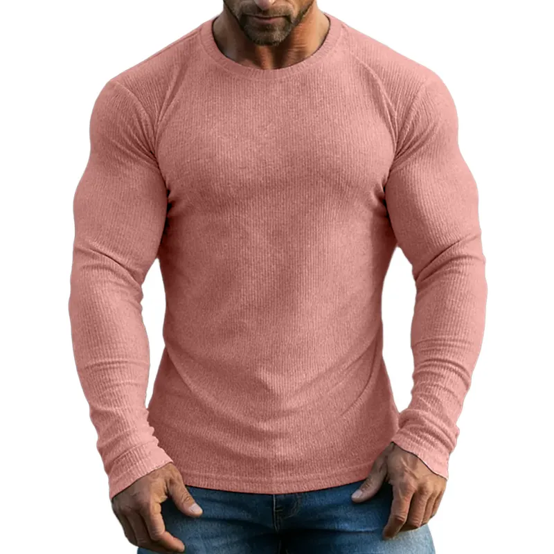 Men's Retro Casual Solid Color Ribbed Crew Neck Long Sleeve T-Shirt MTZ1191B9TO sold by Manly