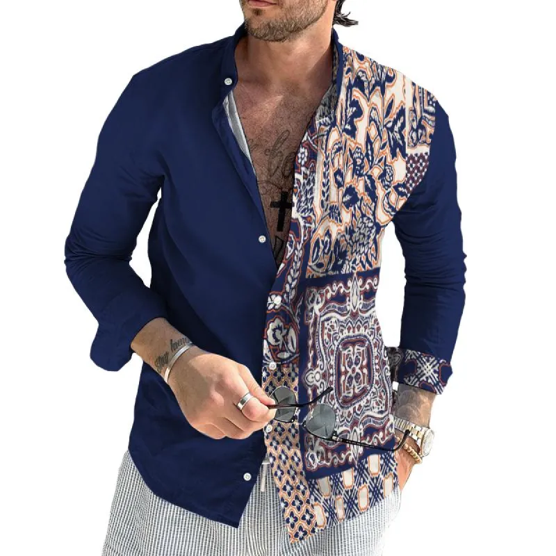 Men's Retro Color Block Beach Stand Collar Shirt 10824007TO sold by Manly