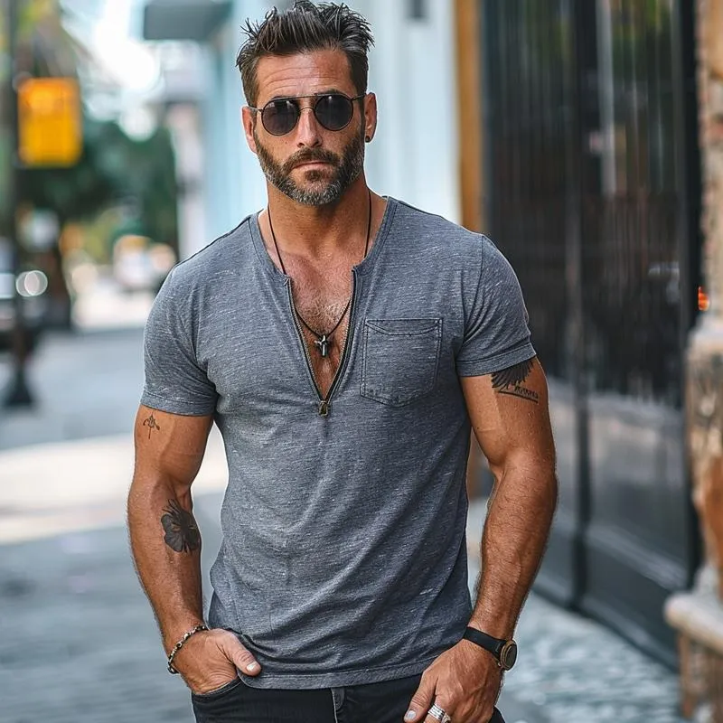 Men's Casual Cotton Blend Zip V-Neck Slim Fit Short Sleeve T-Shirt 42336855M sold by Manly product image thumbnail 2