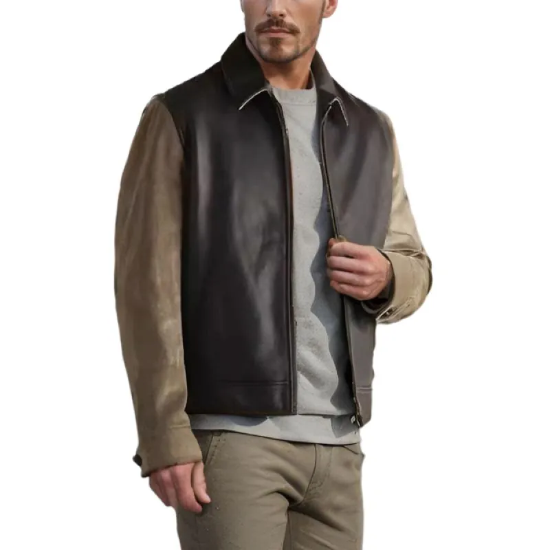 Men's Vintage Colorblock Lapel Leather Jacket 35571154Y sold by Manly