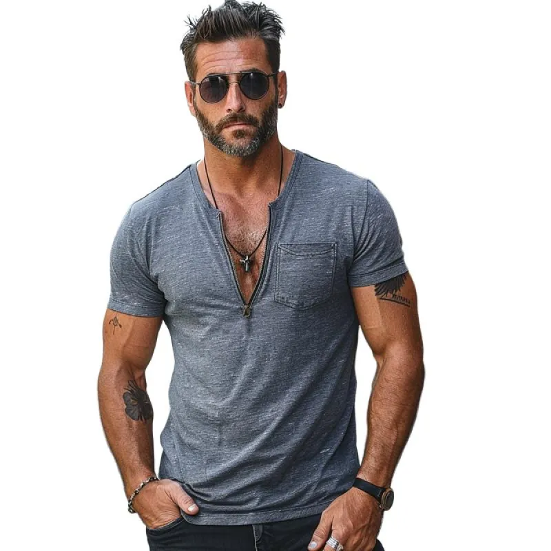 Men's Casual Cotton Blend Zip V-Neck Slim Fit Short Sleeve T-Shirt 42336855M sold by Manly