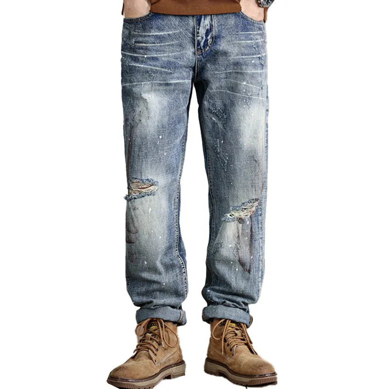 Men's Distressed Ripped Jeans Loose Heavy Craft Jeans 74187232X sold by Manly