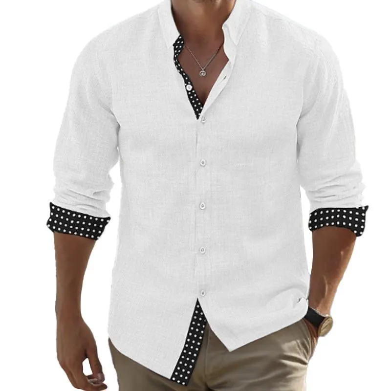 Men's Casual Contrast Color Cotton And Linen Lapel Long-Sleeved Shirt 73140152Y sold by Manly