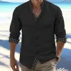 Men's Casual Contrast Color Cotton And Linen Lapel Long-Sleeved Shirt 73140152Y sold by Manly