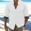 Men's Casual Contrast Color Cotton And Linen Lapel Long-Sleeved Shirt 73140152Y sold by Manly