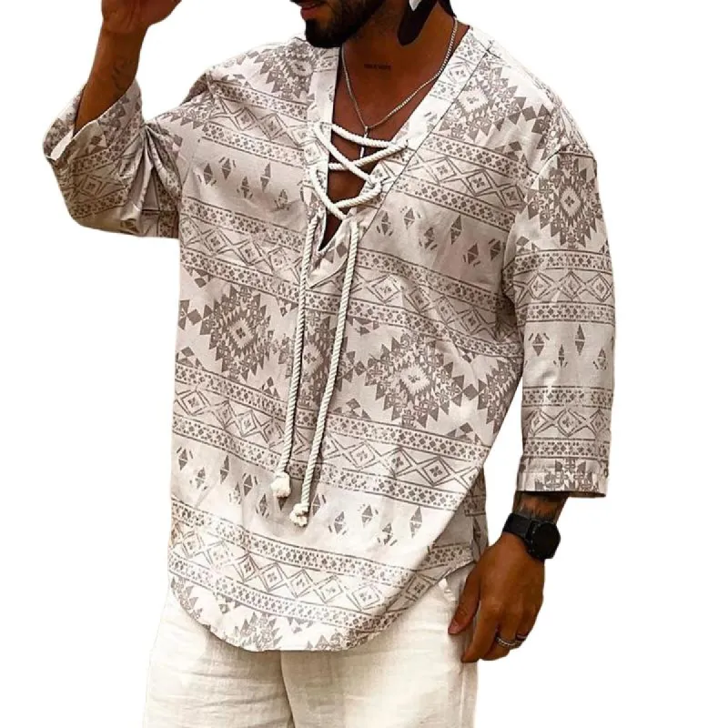 Men's Retro Geometric Print Drawstring Shirt 98446742TO sold by Manly