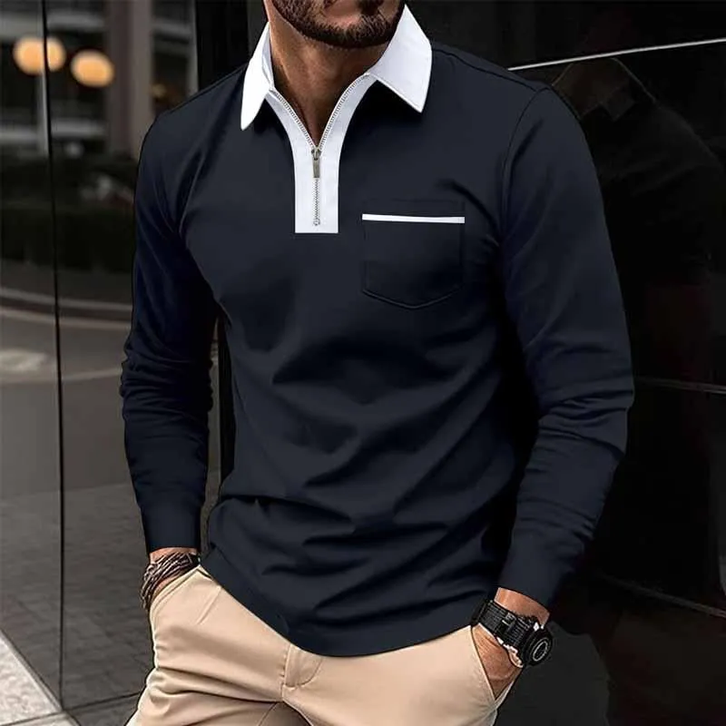 Men's Color Block Pocket Long Sleeve POLO Shirt 99308629X sold by Manly product image thumbnail 3