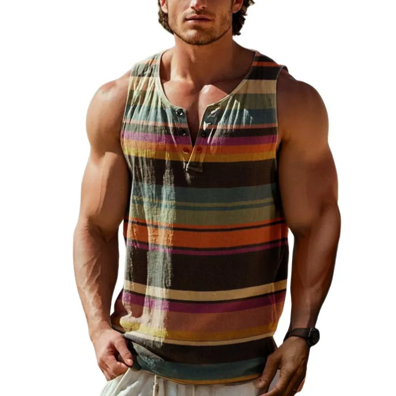 Men's Rainbow Stripe Henley Neck Sleeveless Tank Top 48681398Y sold by Manly
