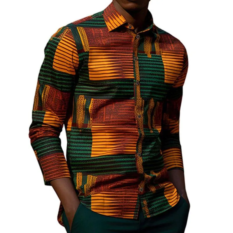 Men's Vintage African Print Lapel Long Sleeve Shirt 82083589M sold by Manly