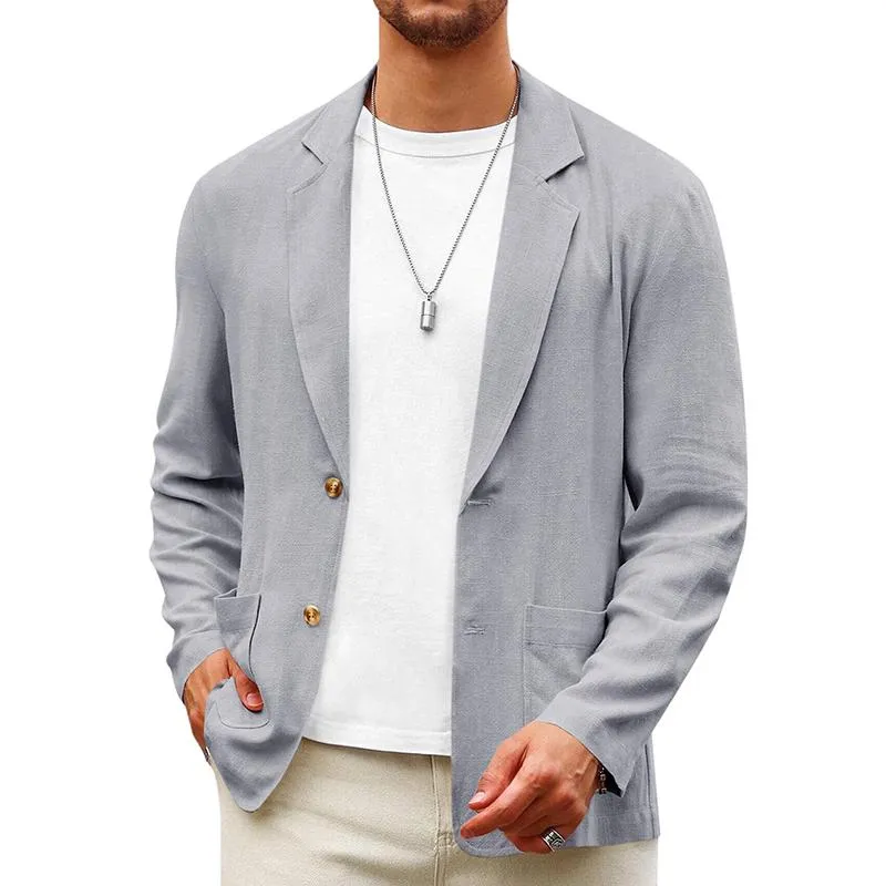 Men's Solid Color Cotton And Linen Notch Lapel Two Buttons Blazer 23701239Z sold by Manly