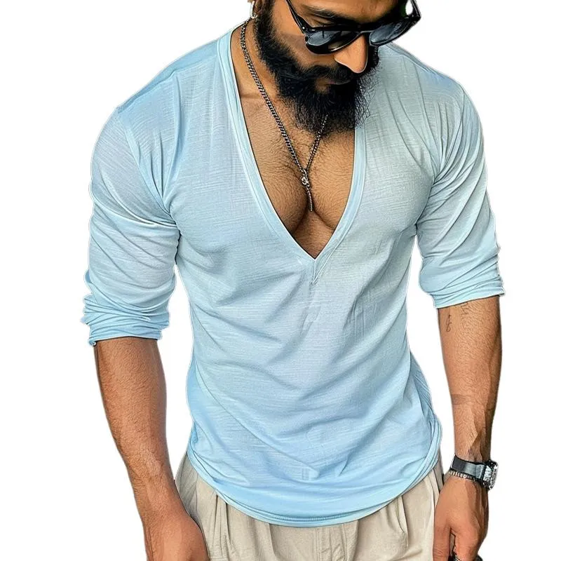 Men's Casual Solid Color V-Neck Long Sleeve T-Shirt 04548712TO sold by Manly