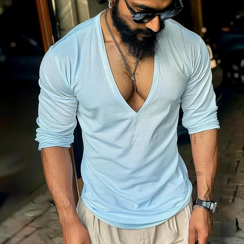 Men's Casual Solid Color V-Neck Long Sleeve T-Shirt 04548712TO sold by Manly product image thumbnail 2