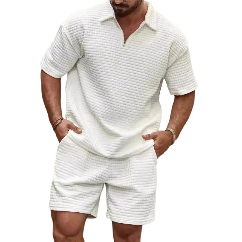 Men's Solid Waffle Lapel Short Sleeve Polo Shirt Shorts Loose Set 76307657Z sold by Manly