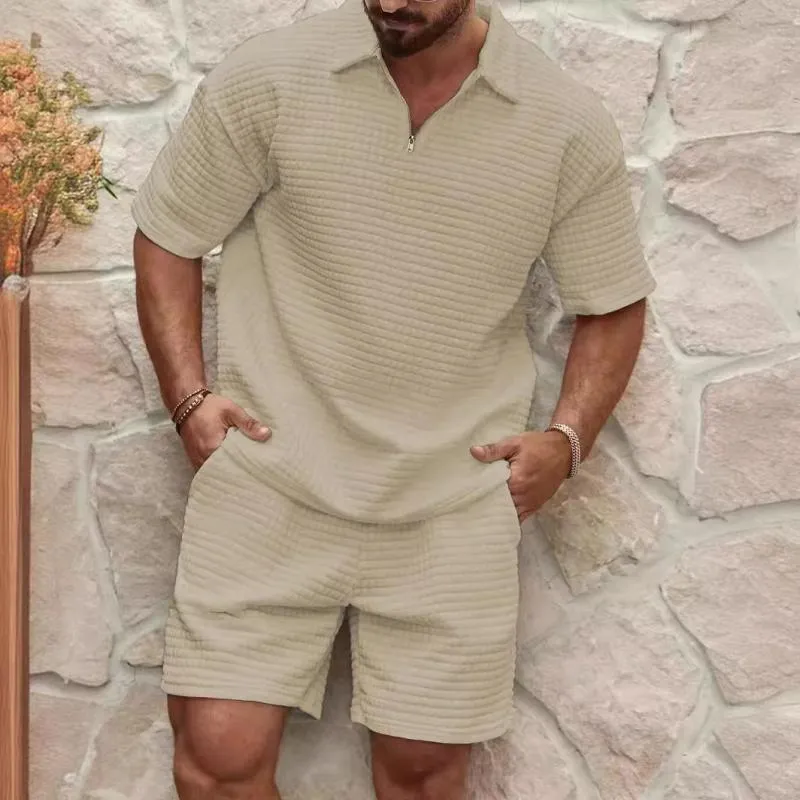 Men's Solid Waffle Lapel Short Sleeve Polo Shirt Shorts Loose Set 76307657Z sold by Manly product image thumbnail 5
