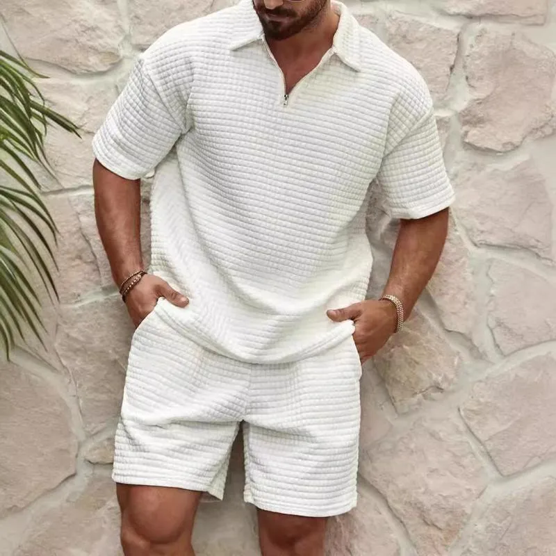 Men's Solid Waffle Lapel Short Sleeve Polo Shirt Shorts Loose Set 76307657Z sold by Manly product image thumbnail 2