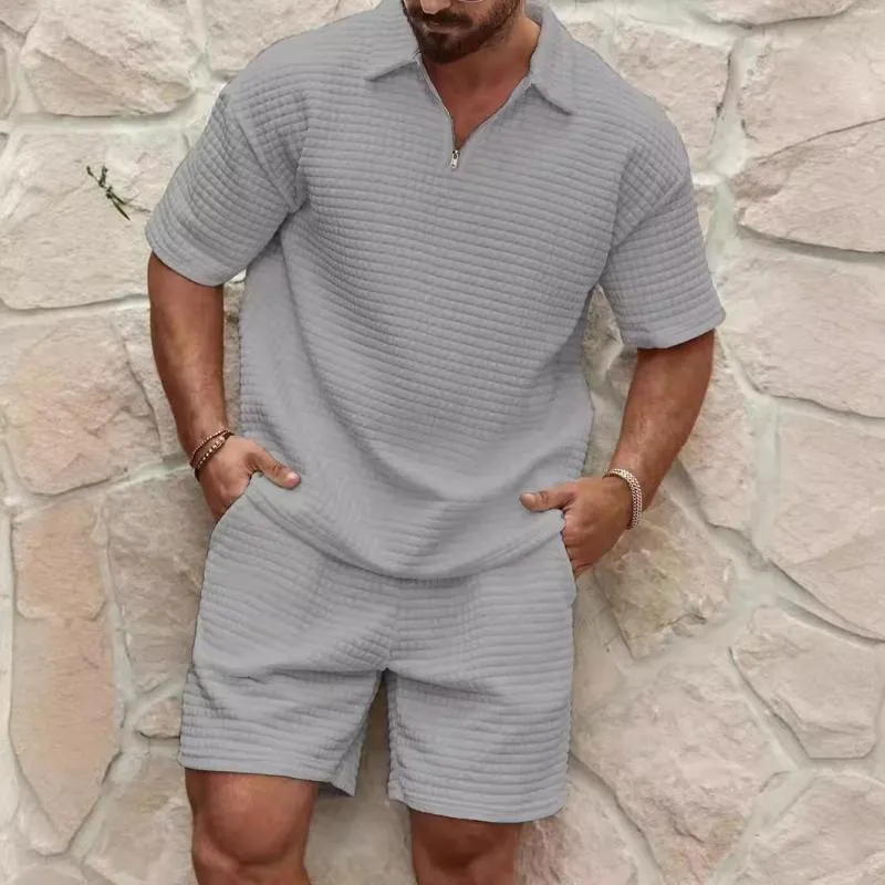 Men's Solid Waffle Lapel Short Sleeve Polo Shirt Shorts Loose Set 76307657Z sold by Manly product image thumbnail 4