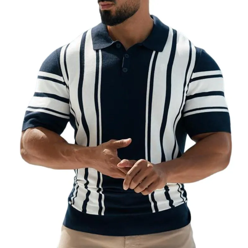 Men's Fashion Colorblock Striped Knit Lapel Short Sleeve Polo Shirt 10382487Z sold by Manly