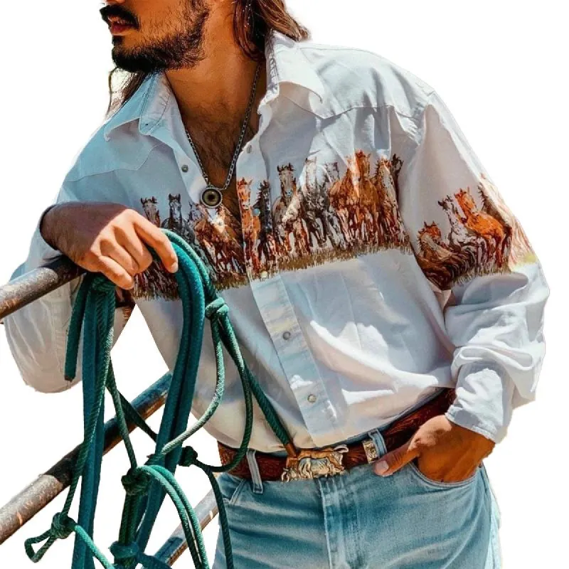 Men's Western Denim Print Long Sleeve Lapel Shirt 61301139X sold by Manly