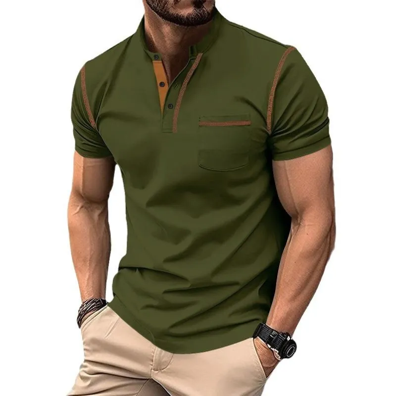 Men's Colorblock Henley Collar Breast Pocket Short Sleeve T-shirt 70590657Z made by Manly