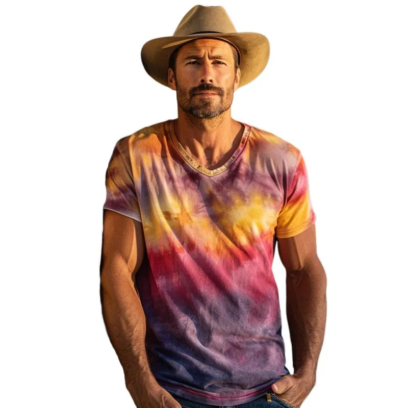 Men's Casual V-neck Tie-dye Printed Slim-fit Short-sleeved T-shirt 35261612M sold by Manly