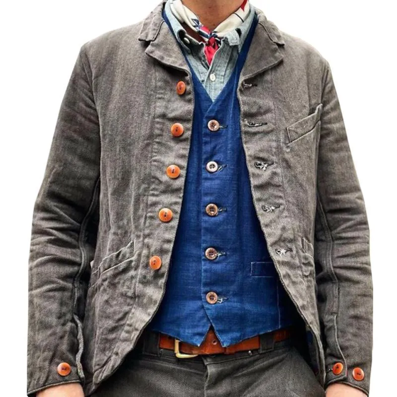Men's Vintage Lapel Multi Pocket Solid Color Jacket 19740866Y sold by Manly