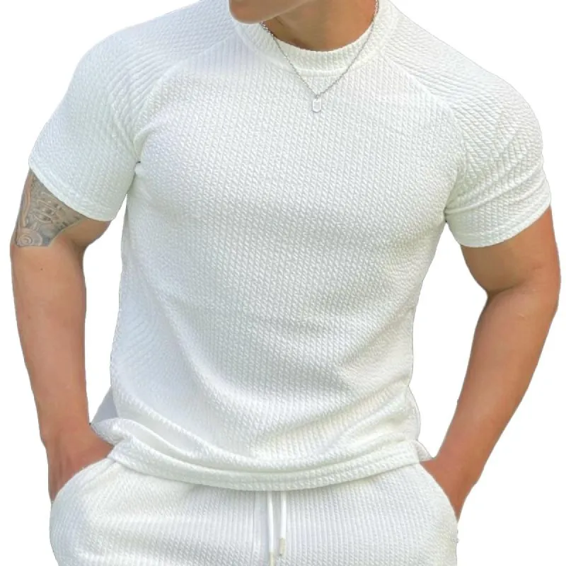 Men's Solid Striped Round Neck Short Sleeve Sports Casual T-shirt 18523718Z sold by Manly