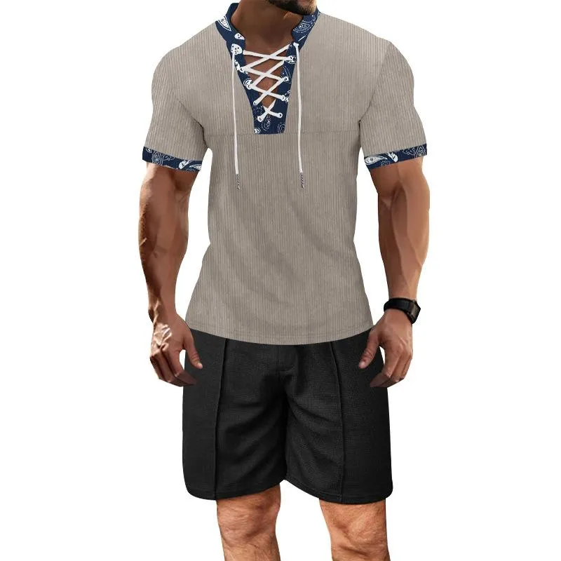 Men's Casual Color Block V-Neck Lace-Up Slim Short-Sleeved T-Shirt Shorts Set 80394243M sold by Manly product image thumbnail 4