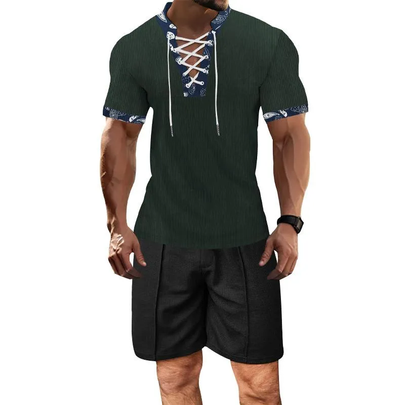 Men's Casual Color Block V-Neck Lace-Up Slim Short-Sleeved T-Shirt Shorts Set 80394243M sold by Manly product image thumbnail 3