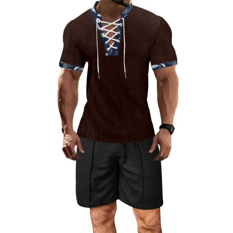 Men's Casual Color Block V-Neck Lace-Up Slim Short-Sleeved T-Shirt Shorts Set 80394243M sold by Manly product image thumbnail 5