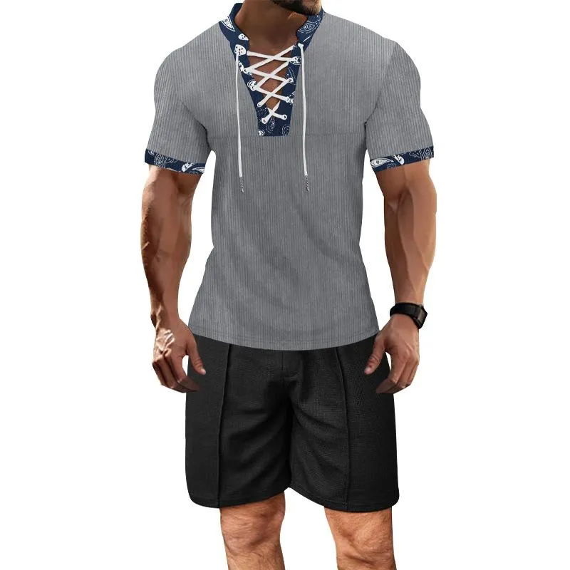 Men's Casual Color Block V-Neck Lace-Up Slim Short-Sleeved T-Shirt Shorts Set 80394243M sold by Manly product image thumbnail 2
