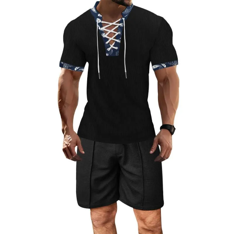 Men's Casual Color Block V-Neck Lace-Up Slim Short-Sleeved T-Shirt Shorts Set 80394243M sold by Manly