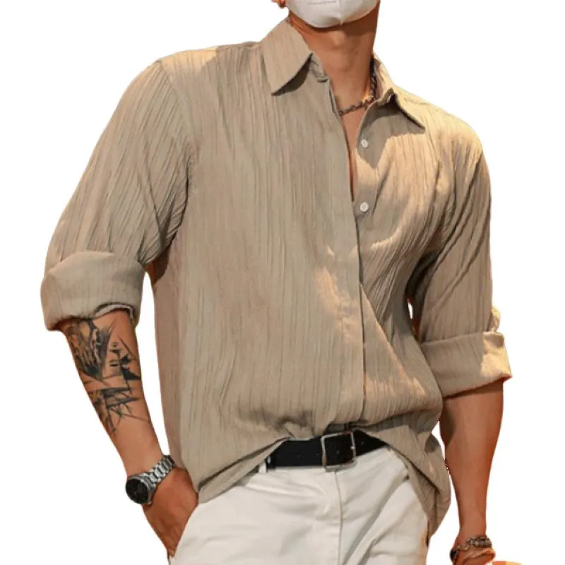 Men's Retro Casual Pleated Lapel Long Sleeve Shirt 39245234TO sold by Manly