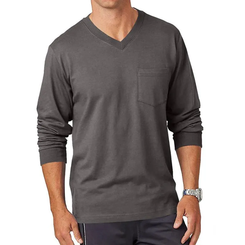 Men's Solid Loose V Neck Pocket Long Sleeve T-shirt 15979962Z sold by Manly