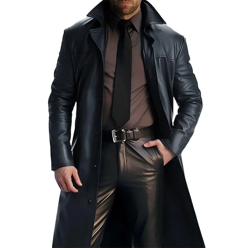 Men's Vintage Solid Color Mid-Length Lapel Leather Coat 01327884Y sold by Manly