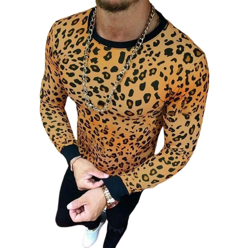 Men's Sexy Leopard Print Round Neck Long Sleeve T-shirt 36754269TO sold by Manly