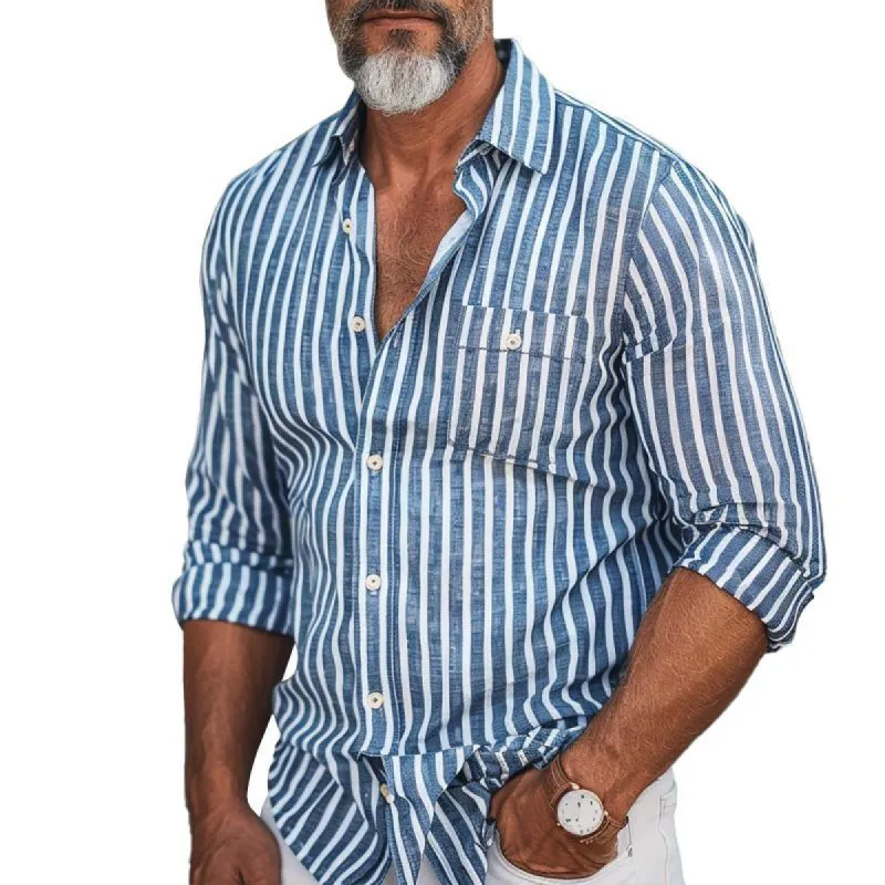 Men's Striped Lapel Long Sleeve Casual Shirt 73255889Z sold by Manly