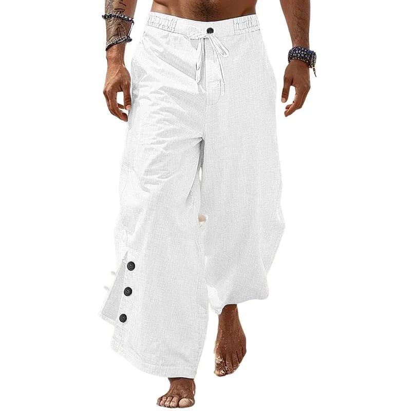 Men's Casual Linen Button Drawstring Wide Leg Pants 58257509Y sold by Manly