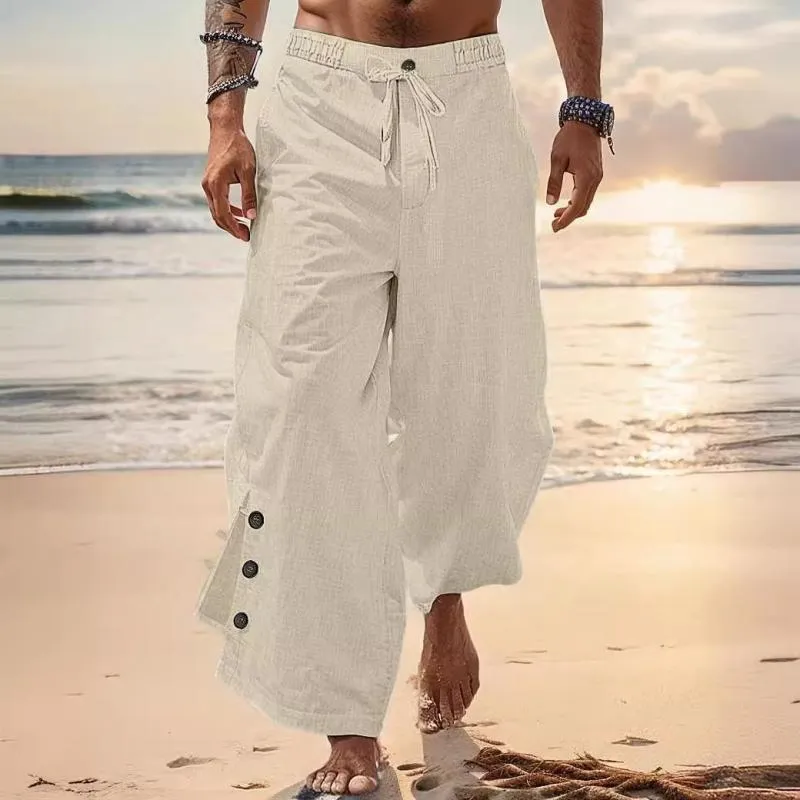 Men's Casual Linen Button Drawstring Wide Leg Pants 58257509Y sold by Manly product image thumbnail 4