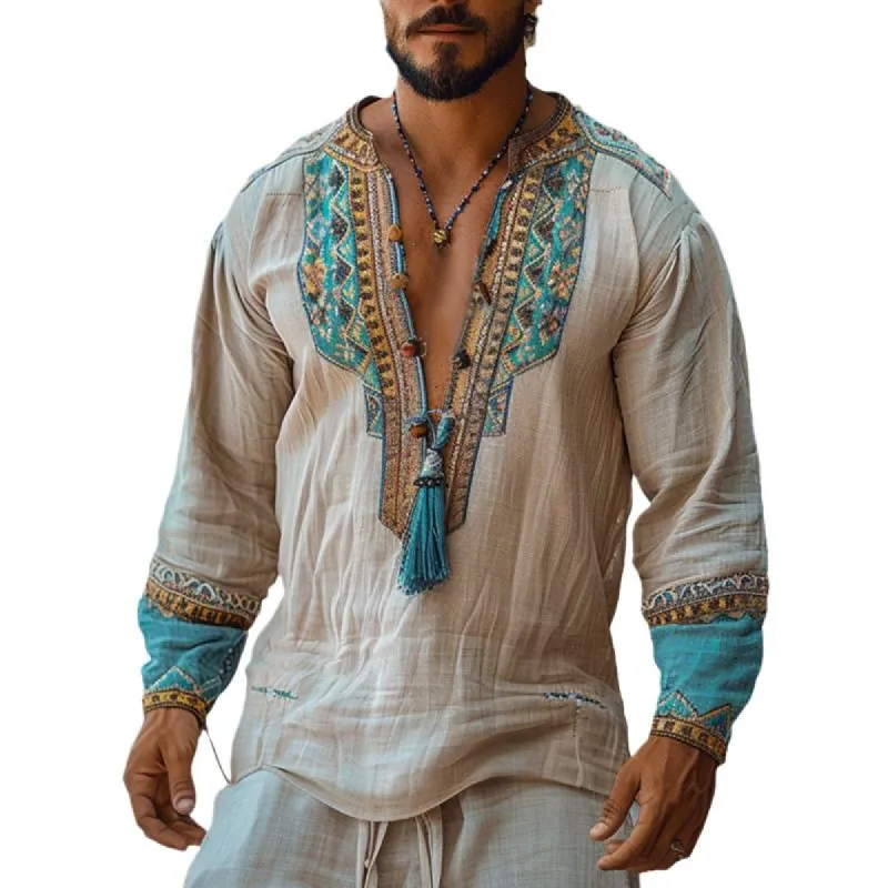 Men's Ethnic Style V Neck Long Sleeve Casual Shirt 14885188Z sold by Manly