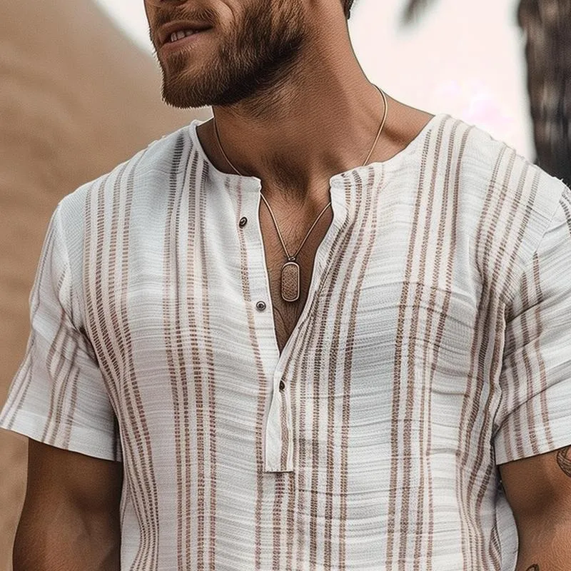 Men's Striped Henley Collar Short Sleeve Shirt 85024363Z sold by Manly product image thumbnail 3