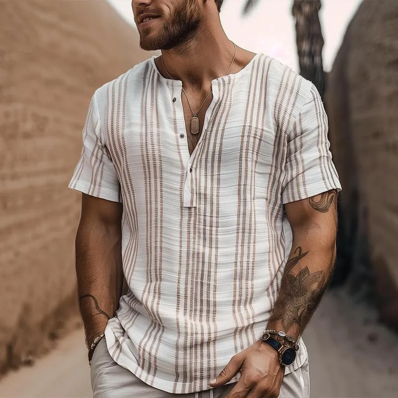 Men's Striped Henley Collar Short Sleeve Shirt 85024363Z sold by Manly product image thumbnail 2